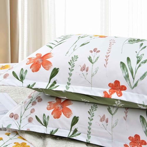Nanko Floral Duvet Cover King Size, 3 Pieces Green Leaves Yellow Flowers Botanical Pattern Comforter Cover Set, Soft & Lightweight Microfiber Reversible Quilt Cover for Women 104x90 Inches, White Nanko