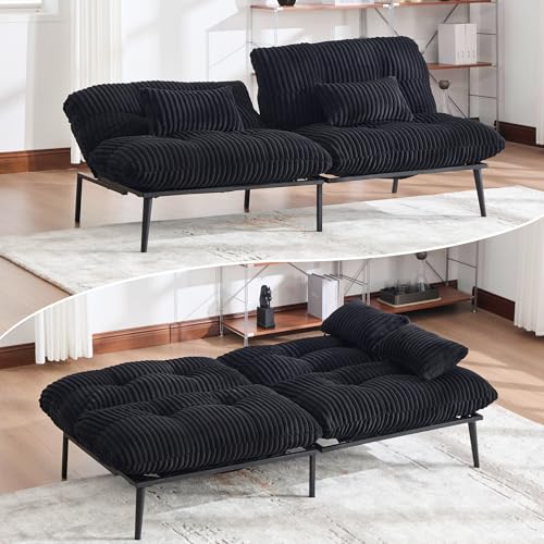 Tocsuna Corduroy Convertible Futon Sofa Bed – Folding Iron Frame Sleeper Couch with Adjustable Backrest, Loveseat Recliner for Living Room, Apartment,(Black) Tocsuna