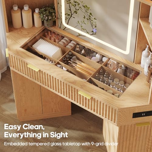HAUOMS Corner Vanity, with Bag Showcase, LED Lights, Fluted Wood Luxury Makeup Vanity Desk with Mirror, Big Dressing Table with Glass Top, Cabinets, Shelves, Drawers, Charging Station (Oak) HAUOMS