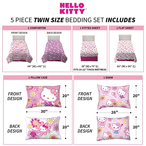 Franco Kids Bedding Super Soft Comforter and Sheet Set with Sham, 5 Piece Twin Size, Hello Kitty Franco