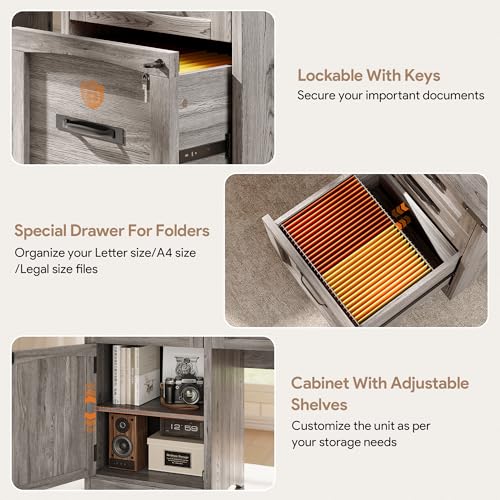 Decofy Farmhouse Executive Desk with Drawers, 55" Home Office Desks with Fast Charging Station, Lockable File Cabinet, Wood Writing Computer Desk for Work, Study, Grey Decofy