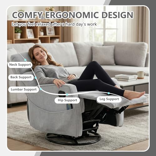 HRVEOCEI Small Recliners for Small Spaces, Manual White Recliner Rocking Chair for Nursery, Velvet Swivel Glider Recliner with Heat and Massage, Side Pockets, Living Room Bedroom (Light Grey)