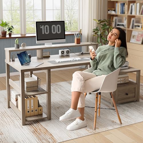 EnHomee 60.4" Computer Desk with Drawer & Power Outlet, Gaming Desk with LED Light, Office Desk with Monitor Stand, Farmhouse Study Desk, Work Desk for Home Office, Study Room, Bedroom, Ash Gray EnHomee