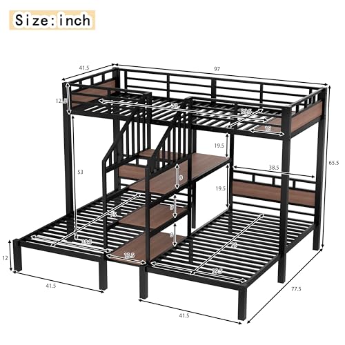 Bellemave Twin Over Twin Over Twin Bunk Bed with Shelf and Storage Stairs, Heavy Duty Triple Bunk Beds with Safety Guardrails, Metal Triple Bunk Bed Frame for 3 Kids, Teens, Black Bellemave