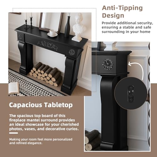 EPICOZY Modern Fireplace Mantel Surround, Decorative Wooden Freestanding Mantel for Electric Fireplace, Waterproof & Anti-Tipping, Premium MDF Mantel with Leg for Living Room, Black EPICOZY