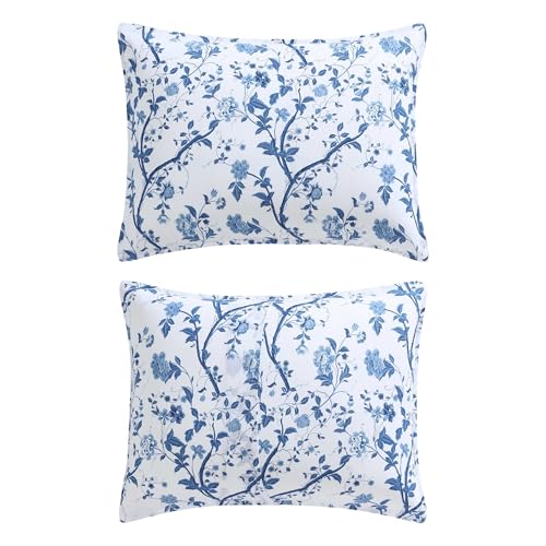 Laura Ashley - King Comforter Set, Reversible Cotton Bedding, Includes Matching Shams with Bonus Euro Shams & Throw Pills (Elise Blue, King) Laura Ashley