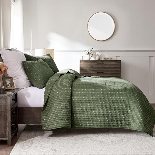 WDCOZY Olive Green Cross Stitch Queen Size Quilt Set, Striped Lightweight Soft Bedspread, Channel Farmhouse Rustic Coverlet, All Season Country Bedding, Thin Comforter WDCOZY