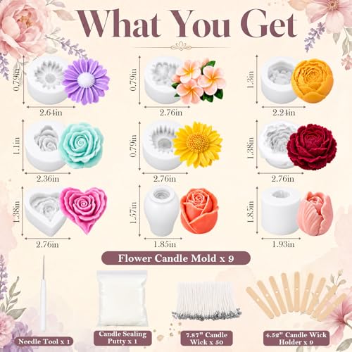 Defresit 13 Pcs Flower Candle Molds Set, Reusable Rose Tulip Daisy Candle Making Molds, Flower Silicone Mold Making Kit for Candles, Soaps, Resin Crafts, DIY Craft Gift for Mother’s Day, Beginners