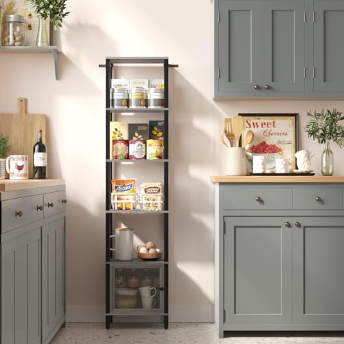 TUTOTAK 6-Tier Greige Narrow Bookcase with Door for Small Spaces TUTOTAK