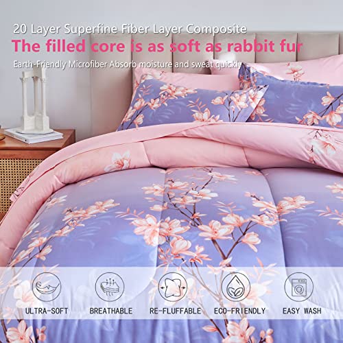 AIKASY Pink and Light Purple Queen Comforter Set with Sheets,Bed in a Bag 7-Pieces,Branches and Flowers Printing Design,Ultra Soft Down Alternative All Season Bedding Set(Queen,Blossom Stem) AIKASY
