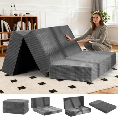 6-Inch Tri-Fold Foldable Mattress, Folding Sofa Bed with Removable Washable Cover, Portable Futon Mattress Full Size Floor Guest Mat with Non-Slip Bottom & Carry Handles for Camping (Grey, Queen) AOLVDOW