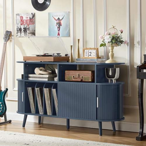 LELELINKY Large Round Record Player Stand with Charging Station & Fluted Panel, Blue Mid Century Modern Turntable Cabinet with Vinyl Storage, Arched Wood Record Player Table for Living Room LELELINKY