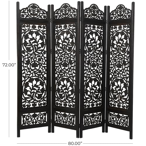 Deco 79 Wood Floral Handmade Partition Room Divider Screen Foldable Partition Carved 4 Panel Privacy Screen, Room Partition 80" x 1" x 72", Black Deco 79