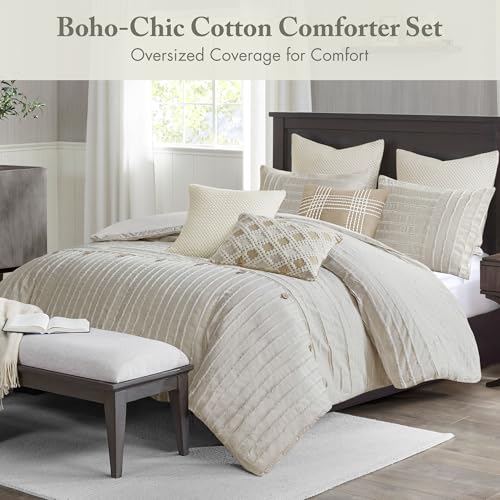 Madison Park Queen Comforter Set Clipped Jacquard Stripes with Buttons Boho Comforter for a Queen-Size Bed, Cotton Oversized Comforters with Removable Cover Boho Bedding, Queen Ivory 8 Piece Madison Park