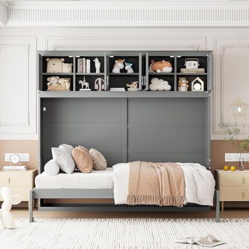 Virubi Queen Horizontal Murphy Bed with Storage Cabinet,Wood Folding Murphy Wall Bed for Adult (Grey,Queen) Virubi