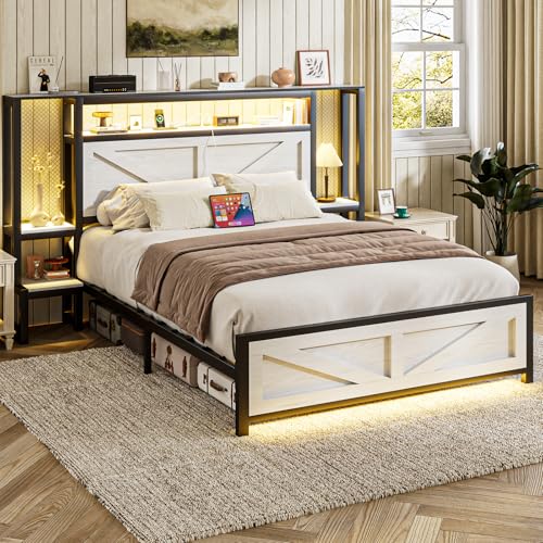 Otevehde Queen Size Rustic Bed Frame with Storage Born Door Headboard and Bedside Storage, Industrial Farmhouse Metal Platform Bed Frame with Charging Station and LED Lights, White Otevehde