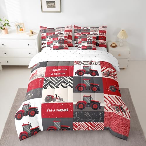 Erosebridal 7 Pcs Kids Tractor Bedding Sets Red Cartoon Tractor Quilt with Flat Fitted Sheet Twin Farm Vehicle Truck Bed in A Bag Equipment Construction Comforter Set Geometric Plaid Decor Erosebridal