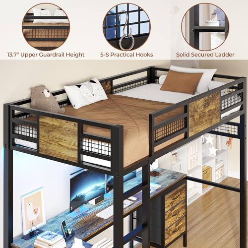 BTHFST Twin Loft Bed with L-Shaped Desk, LED Lights & Charging Station, 3 Fabric Drawers, Safety Guard & Ladder BTHFST
