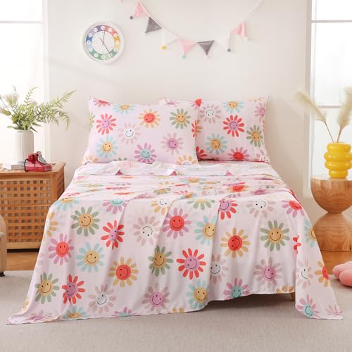 Yibeizi Cute Floral Sheet Set for Girls, Full Size Kids Flower Patterned Bedsheet Microfiber Deep Pocket Bedding Sheets & Pillowcases 4 Pieces Yibeizi