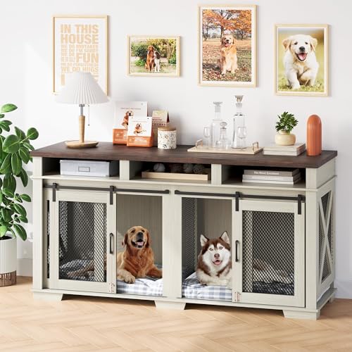 71" Dog Crate Furniture for 2 Dogs, Dog Kennel with 3 Storage Drawers & Removable Divider, Extra Large Double Dog Cage As TV Stand, Furniture Style Dog Crates with Sliding Barn Door STMHOM