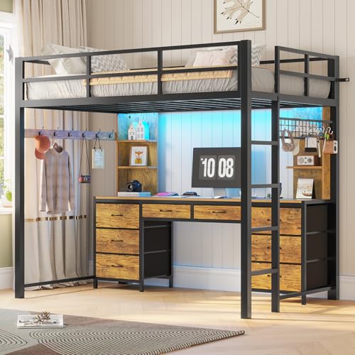 ADORNEVE Twin Loft Bed with Desk and 8 Storage Drawers, Metal Loft Beds Twin with LED Lights & Charging Sation, Storage Shelves & Clothes Rail, Full-Length Guardrail,Rustic Brown ADORNEVE