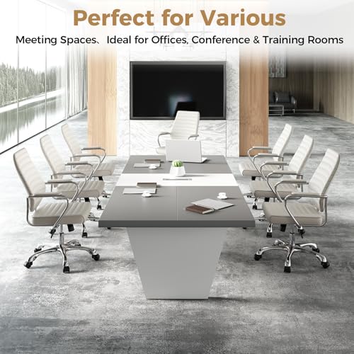 Huariifowm 118" Conference Table for 8, Modern Grey & White Meeting Table with 2.1" Thick Top and Cable Management Box, 10 Ft Office Conference Room Table for Boardroom, Training Room Huariifowm
