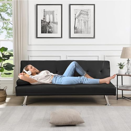anwickjeff Convertible Folding Futon Sofa Bed with Metal Legs & 2 Cupholders, Modern New Upholstered Couch Loveseat Sleeper, Folding Couches Bed, Removable Armrests for Small Spaces (Black) anwickjeff