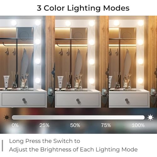 Yanosaku Vanity Desk & Power Outl, Makeup Vanity with Mirror and 12 LED Lights, Makeup Table with 11 Drawers, Vanity Table with Chair,Set 3 Lighting Modes Brightness Adjustable-(White) Yanosaku
