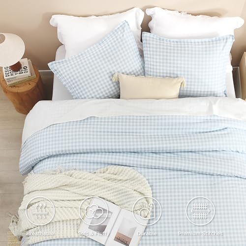 Andency Light Blue Gingham Comforter Set Full(79x90Inch), Checkered Grid Plaid Buffalo Bed Set for Girls Boys Kids Teens, 3 Pieces Lightweight Microfiber Geometric Preppy Bedding Andency
