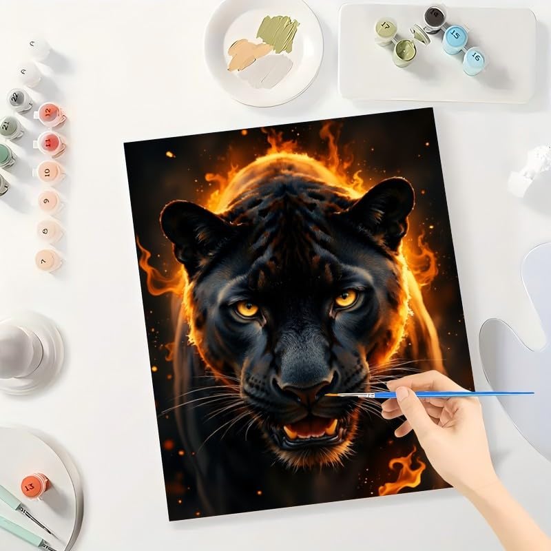 Black Panther Paint by Numbers Kit for Adults - DIY Fiery Panther Painting on Canvas 16x20 Inches, Acrylic Paint Set, Suitable for Beginners, Animal Art for Home Decoration or Gifts TAOPAOLAB