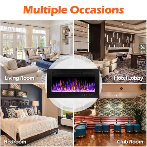 BETELNUT 30" Electric Fireplace Wall Mounted and Recessed with Remote Control, 750/1500W Ultra-Thin Wall Fireplace Heater W/Timer Adjustable Flame Color and Brightness, Log Set & Crystal Options BETELNUT
