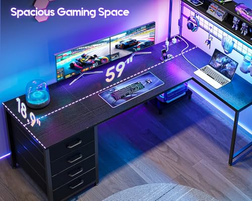 AODK L Shaped Gaming Desk with 4 Drawers, 59" Reversible Computer Desk with Hutch and Shelves, Gamer Desk with LED Lights, Power Outlets, Home Office Corner Desk with Gird Pegboard, Black AODK