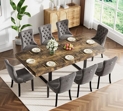 Goujxcy 9-Piece Extendable Dining Table Set for 8, 63-78 Inch Rustic Brown Kitchen Table Set with 8 Grey Tufted Chairs Farmhouse Wood Expandable Dining Room Table Set 8 for Kitchen Dining Goujxcy