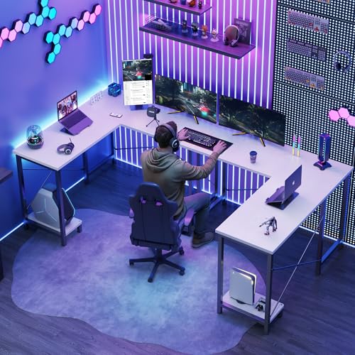 DUMOS L Shaped Desk, Computer Gaming Desks Corner Office Table with CPU Shelf for Home Study Writing Work Station 50 Inch, White DUMOS