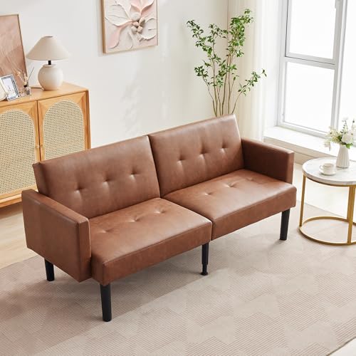 75.5” Convertible Futon Sofa Bed, PU Leather Small Couch Sofa with Wood Legs & 700lbs Capacity, Adjustable Folding Loveseat, Mid Century Modern Futon Couch, Cozy Couches for Living Room - Brown Amenitlif
