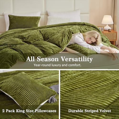 Bildenly Velvet Comforter Set Twin Size, Ultra-Soft Winter Quilt Sets, Luxury Fluffy Bedspread Coverlet Quilted Bedding Set with 1 Pillow Shams for All Season, 66"x90" Oliver Green Bildenly