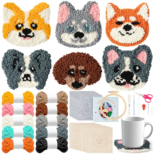 WATINC Puppy Punch Needle Coaster Kit - 6 Patterns Dog Punch Needle Embroidery Craft Kit, DIY Felting Coaster for Adults Beginners with Adhesive Yarns Fabric Felt Hoop Tools Instruction