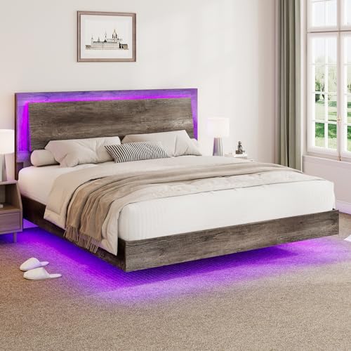 LUXOAK King Size Floating Platform Bed Frame with LED Light, Farmhouse Bed Frame with Headboard/No Box Spring Needed/Noise Free/Easy Assembly, Rustic Grey LUXOAK