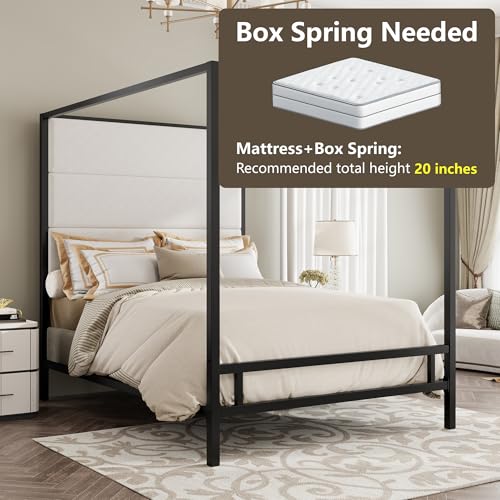 BEDGJH Queen Modern Canopy Bed Frame - Metal 4-Poster with Tall Linen Upholstered Headboard, Box Spring Required (Black,White, Queen)