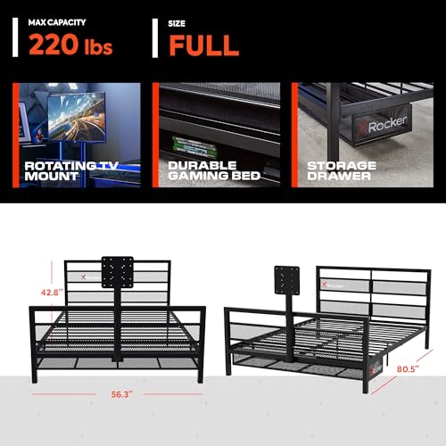 X Rocker Basecamp Full Size Gaming Bed, Rotating TV Mount with Vented Console Storage, Metal Mesh Frame with Slats, Amazon Exclusive, Black X Rocker