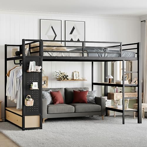 ICIUIOIR Queen Loft Bed Frame with Shelves, Drawers, Pegboard and Wardrobe, All-in-One Black Storage Loft Beds for Adults, MDF + Metal Bed Frame, Space-Saving Design for Bedroom/Queen ICIUIOIR