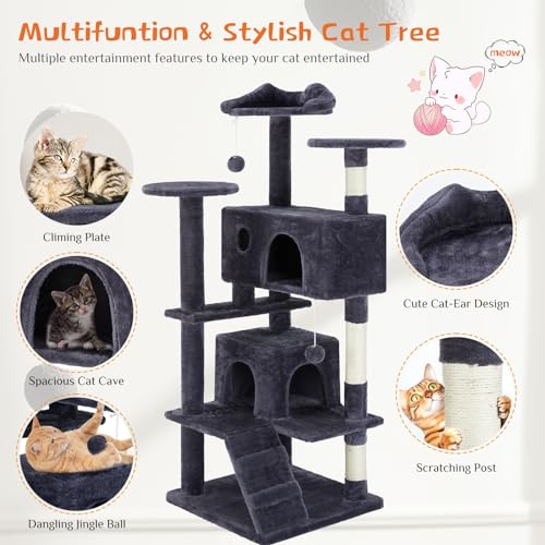 Sweetcrispy 54-Inch Cat Tree Tower – Multi-Level with Sisal Scratching Post, Perfect Pet Gift, Indoor Condo with Climbing Ladder, Plush Toy, and More Animal Stuff, Grey Sweetcrispy