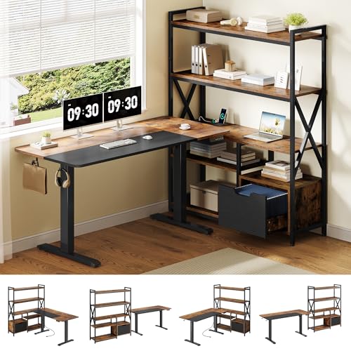Homiflex 77.8 Inches L Shaped Standing Desk Corner Desk with Hutch Electric Height Adjustable Desk with Storage Shelves File Drawer Power Outlets Reversible Computer Gaming Desk for Home Office, Brown Homiflex