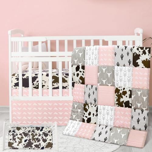 Hahafelt 3 Piece Patchwork Western Crib Bedding Set for Boys Girls Cow Cactus Print Baby Bedding Barnyard Western Nursery Decor Soft Baby Bed Set Includes Quilt Fitted Crib Sheet Bed Skirt (Cowgirls) Hahafelt