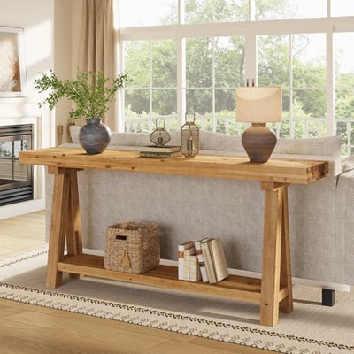 TRIBEWOOD 70.9-Inch Solid Wood Console Table for Entryway, Farmhouse Long Sofa Table with Shelves for Living Room, Hallway, Foyer, Easy Assembly
