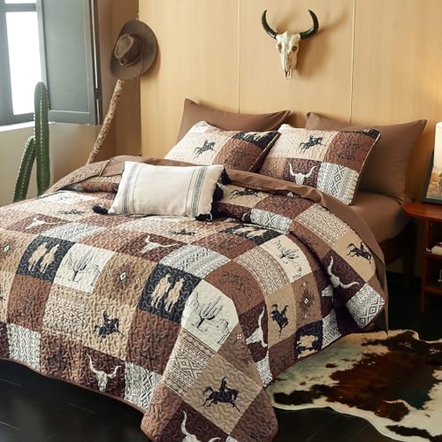 Wake In Cloud - Western Quilt Set, Southwestern Aztec Country Horse Cowboy Rustic Ranch Pattern Printed, Reversible Lightweight Bedspread Coverlet, 3 Pieces, Tan Brown, Queen/Full Size Wake In Cloud