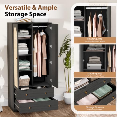 VINGLI Rattan Wardrobe Closet, Armoire Closet with Drawers & Hanging Rod, Armoire with Shelves and Doors, Wooden Wardrobe for Hanging Clothes, Black, 68.9" H VINGLI