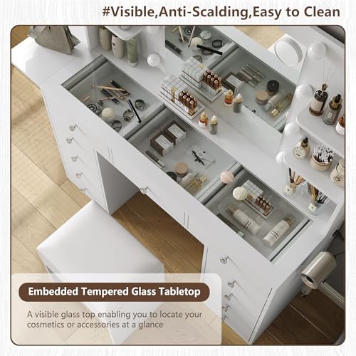 FUSOU Vanity Desk with Power Outlet, 11 Drawers Makeup Vanity with Lighted Mirror, 3 Colors Adjustable, Glass Top Vanity with Chair, 4 Shelves and Fold-up Panel, Dressing Table for Bedroom, White FUSOU