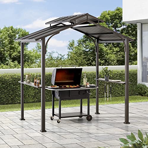 Sunjoy Grill Gazebo 5 ft. x 8 ft. Brown Steel Frame Double Tiered Hardtop Gazebo with Ceiling Hook and Bar Shelves Sunjoy