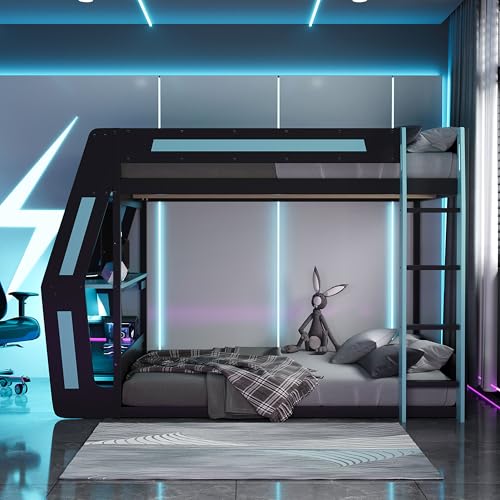SOFTSEA Full Size Gaming Loft Bed with Desk, LED Lights & Charging Station, Wood Full Gaming Bunk Bed with Desk and Storage Shelves for Kids Teens Adults, Black & Blue SOFTSEA